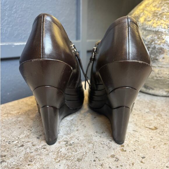 Miu Miu Dark Brown Leather Wedge Bootie Pumps 4.5" Heel Size 38 1/2 (8.5) - Picture 4 of 9